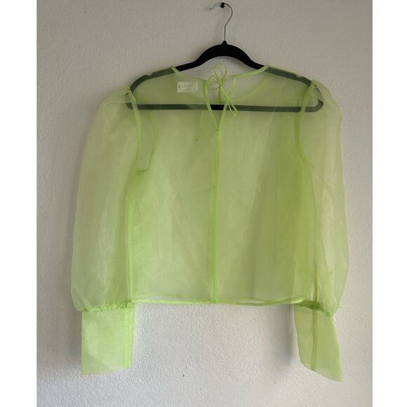 Grey Lab Sheer Neon Green Long Sleeve Keyhole Back Tie Closure Blouse Size Large - Picture 2 of 10